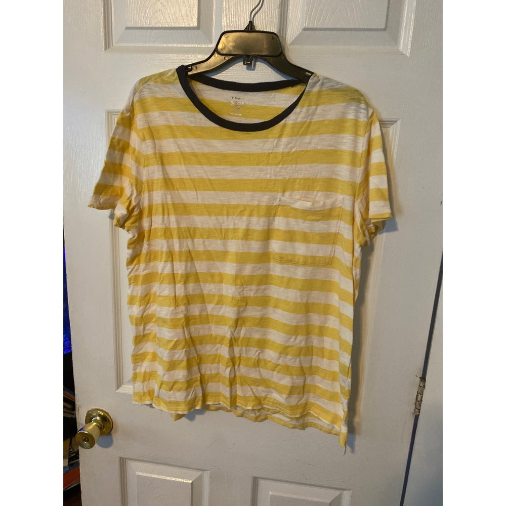 Old Navy Boyfriend Tee Yellow White Striped Ringer Crew Neck Pocket T-Shirt L